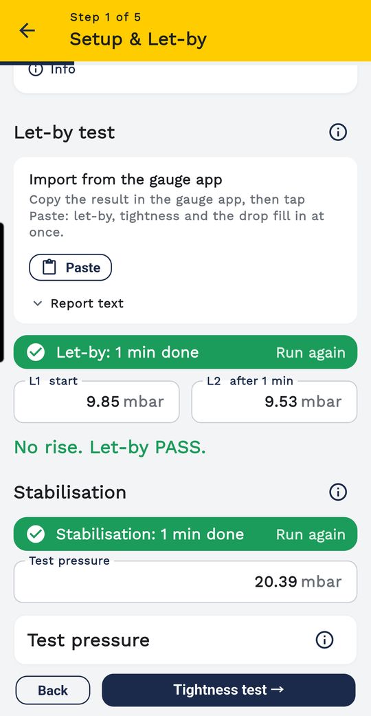 Setup and let-by: an imported result fills the readings in