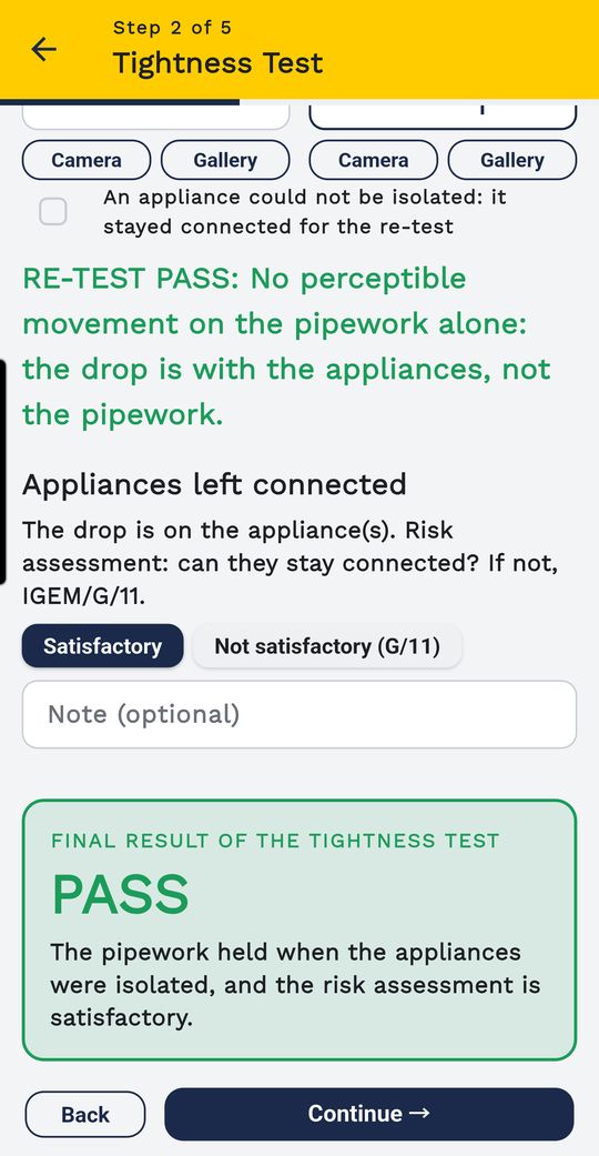 Pipework-only re-test passed, risk assessment, final result