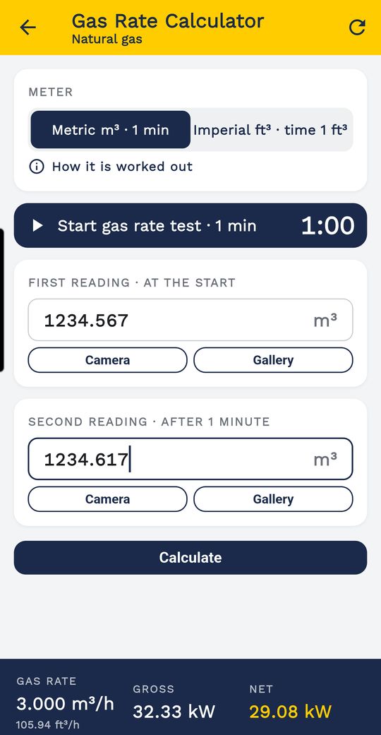 Gas rate calculator: m³/h and the heat input